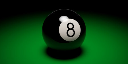 Black eight ball on green table cloth background with spotlight, pool billiard game but also concept...