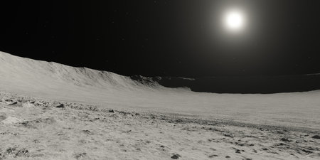 View from inside crater of the moon with sun, lunar crater landscape with mountainsの写真素材