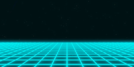 Retro glowing flat cyan neon geometry grid with star sky background, synthwave or retrowave 80s...