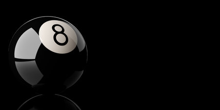 Black eight ball on black background with copy space, pool billiard game but also concept of luck, chance, and destiny, 3D illustrationの写真素材