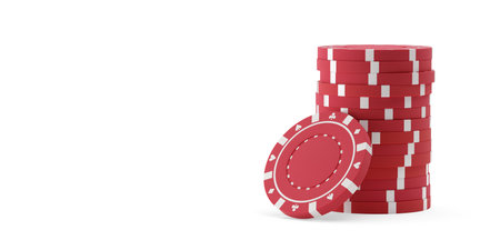 Stack of red poker chips or tokens with one leaning over white background with copy space, 3D illustrationの写真素材