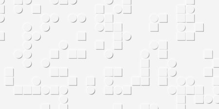 Grid of sparsely arranged white cylinders and boxes geometry background wallpaper banner, flat lay, 3D illustrationの写真素材