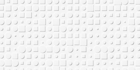Grid of randomly scaled white cylinders and boxes geometry background wallpaper banner, flat lay, 3D illustrationの写真素材