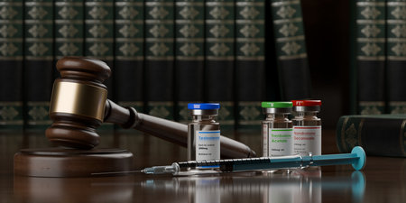 Wooden gavel, judges hammer or mallet with pills, vials and syringe steroids on wooden table with law books background, anabolic steroid misuse, law, legal or court symbol or concept, 3D illustrationの写真素材