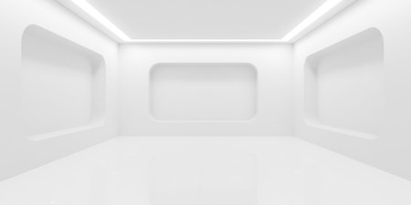 Empty, blank white room with rounded recesses and inset lights in the walls, interior template with copy space, 3D illustratonの写真素材