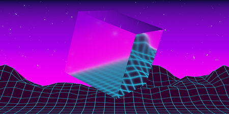 Retro glowing neon landscape geometry grid with mountains, gradient purple sky and chrome cube,...