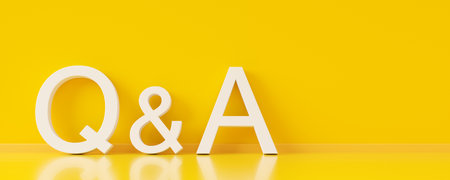 Q&A, questions and answers, white text letters leaning against wall in yellow room with shiny floor, business questions and answers concept, 3D illustrationの写真素材