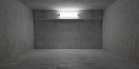 Abstract empty, modern concrete room with fluorescent tube ceiling light in the back and rough floor - industrial interior background template, 3D illustrationの写真素材