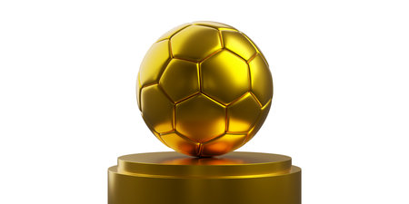 Gold soccer ball on golden podium over white background, winner or victory concept symbol, 3D illustrationの写真素材