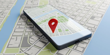 Mobile phone or smartphone with red location marker or pin on abstract flat city map background, travel, navigation, route finding or gps location concept, 3D illustrationの写真素材