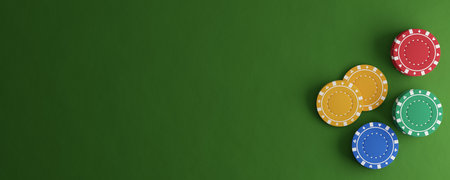 Stacks of green, red, and blue poker chips or tokens on green playing table felt flat lay top view background with copy space, 3D illustrationの写真素材