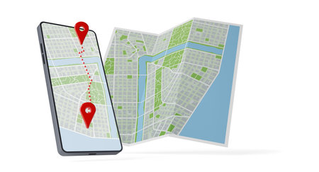 Mobile phone or smartphone showing route with folded paper city map floating over white background, travel, mobile navigation, route finding or gps location concept, 3D illustrationの写真素材
