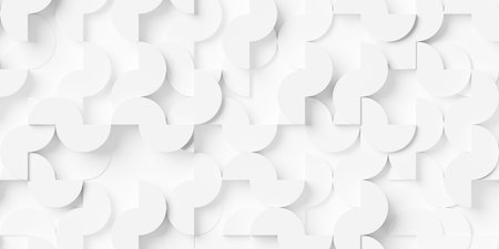 Grid of randomly shifted and rotated white cylinder halfes geometry background wallpaper banner, flat lay, 3D illustrationの写真素材