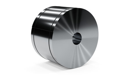 Single rolled shiny steel plate coil on white background, 3D illustrationの写真素材