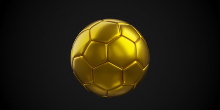 Gold soccer ball on black gradient background, winner or victory concept symbol, 3D illustrationの写真素材