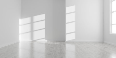 Empty blank white room background with window shadow on the wall, wooden floor and recess, modern interior template, 3D illustrationの写真素材