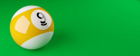 Pool billiards nine ball on green table cloth background with copy space, pool billiard game banner template, 3D illustrationの写真素材