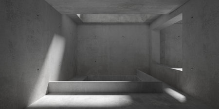 Abstract empty, modern concrete room with sunlight from top, divider wall and rough floor - industrial interior background template, 3D illustrationの写真素材