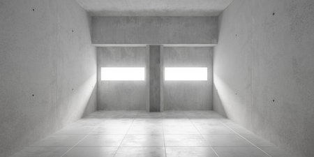 Abstract empty, modern concrete room with windows in the back, pillar and tiled floor - industrial interior background template, 3D illustrationの写真素材