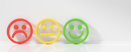 Sad, neutral and happy face symbols standing in room background, customer or client rating or satisfaction concept, 3D illustrationの写真素材