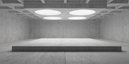 Abstract empty, modern concrete room with circular lights, podium and rough floor - industrial interior background template, 3D illustrationの写真素材