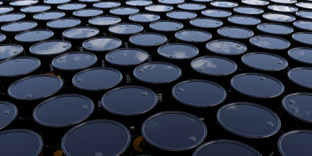 Black metal oil barrels with drop symbols outdoors storage from above, 3D illustrationの写真素材