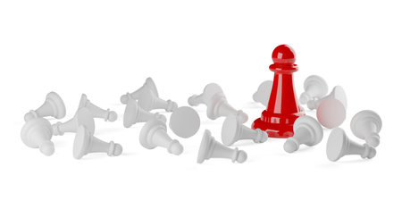 Red chess figure pawn in the middle of fallen white pawns on white background, leadership, success or standing out business concept, 3D illustrationの写真素材