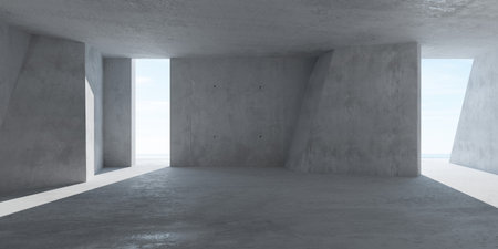 Abstract empty, modern concrete room interior with irregular walls, window openings and ocean view - industrial interior background template, 3D illustrationの写真素材