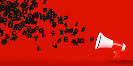 Red and white megaphone or bullhorn over red background spilling out black letters, business announcement or communication concept, 3D illustrationの写真素材