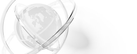 Transparent planet earth globe with glass rings over white background, business, news or travel background template, 3D illustrationの写真素材