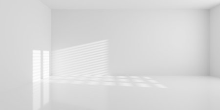 Empty blank white room background with sunlight thru window with shades and shiny floor, modern interior template, 3D illustrationの写真素材
