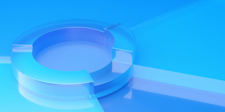 Frosted transparent glass pie chart business diagram on blue background, financial growth, statistics or investment graph concept with copy space, 3D illustrationの写真素材