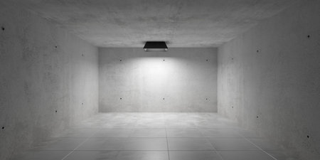 Abstract empty, modern concrete room with black ceiling spot light inthe back and tiled floor - industrial interior background template, 3D illustrationの写真素材