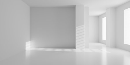 Empty blank white double room interior background with window shadow and pillar, modern interior template, 3D illustrationの写真素材