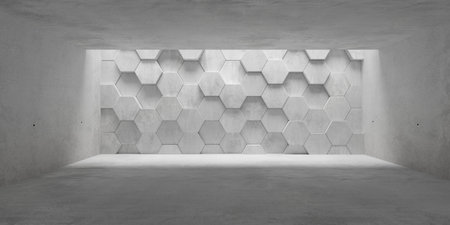 Abstract empty, modern concrete room interior with hexagon honeycomb back wall, top light and rough...