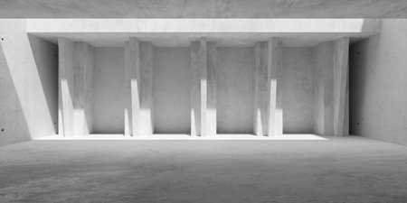 Abstract empty, modern concrete room with supporting pillars, ceiling opening with sunlight and rough floor - industrial interior background template, 3D illustrationの写真素材