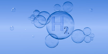 H2 hydrogen symbol in bubble floating on blue background, clean energy, liquid hydrogen or chemistry concept, 3D illustrationの写真素材