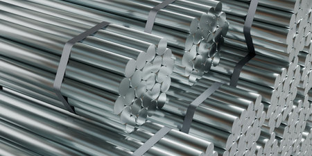 Packaged steel rods or bars stack, construction or manufacturing concept, 3D illustrationの写真素材