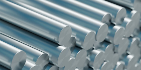 Heap of steel rods or bars close up view with selective focus, construction or manufacturing concept, 3D illustrationの写真素材