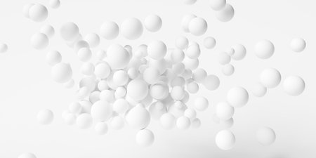 Cloud of different scaled white spheres or balls geometrical background wallpaper floating on white...