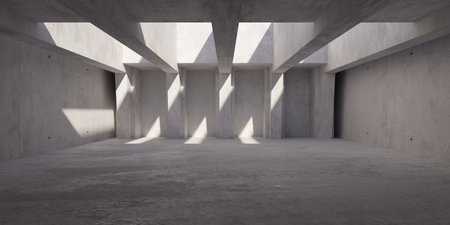 Abstract empty, modern concrete room with ceiling opening, sunlight and rough floor - industrial interior background template, 3D illustrationの写真素材