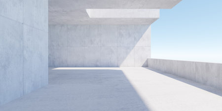 Abstract empty, modern concrete open room with sky view and rough floor - industrial interior background template, 3D illustrationの写真素材