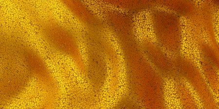Folded or crumpled gold metallic leather texture background close up flat lay top view from above,...