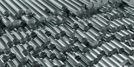 Stack of steel rods or bars close up view, construction or manufacturing concept, 3D illustrationの写真素材