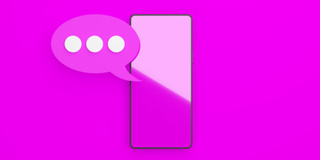 Mobile phone with chat or messaging speech bubble on pink blue background, flat lay top view from...