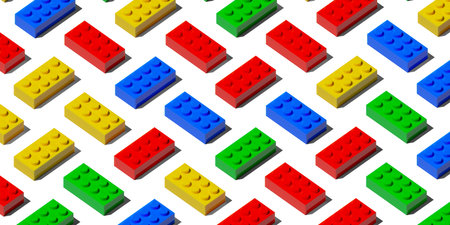 Isometric background of blue, red, green and yellow plastic toy bricks or blocks on white background, 3D illustrationの写真素材