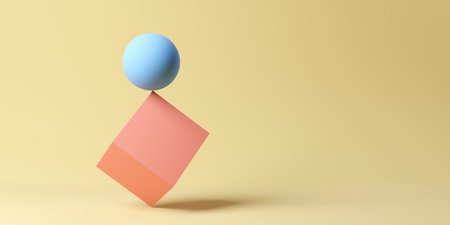 Blue ball or sphere balancing on red cube over yellow background, abstract balance or stability concept with copy space, 3D illustrationの写真素材