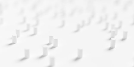 Randomly arranged cylinders on white background geometry wallpaper banner, selective focus, 3D...