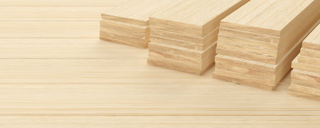 Stacks of wooden planks on wood background, construction material industry or timber material concept with copy space, 3D illustrationの写真素材