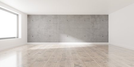Empty blank white room background with sunlight from window, wooden floor and raw concrete back wall, modern interior template, 3D illustrationの写真素材